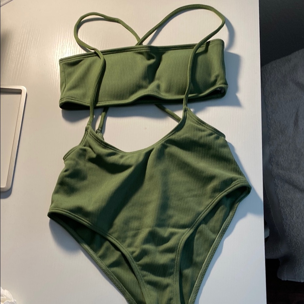 SHEIN Olive Green Bandeau High-Waisted Swimsuit